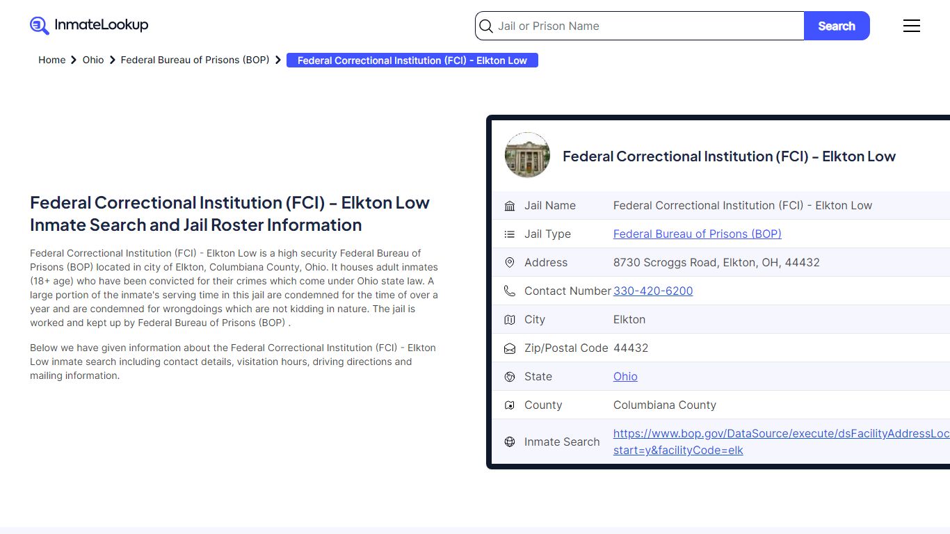Federal Correctional Institution (FCI) - Elkton Low Inmate Search, Jail ...